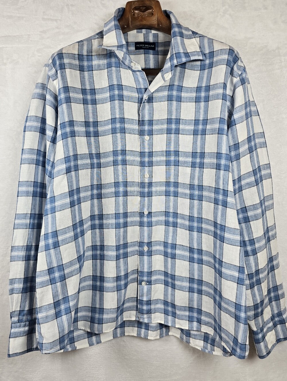 Peter Millar 100% Linen Blue Plaid Button Down Shirt Long Sleeve Sz. XL - Picture 2 of 15